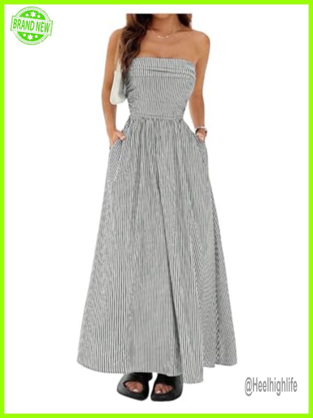 Women's Striped Strapless Maxi Dress Casual Long Summer Smocked Waist